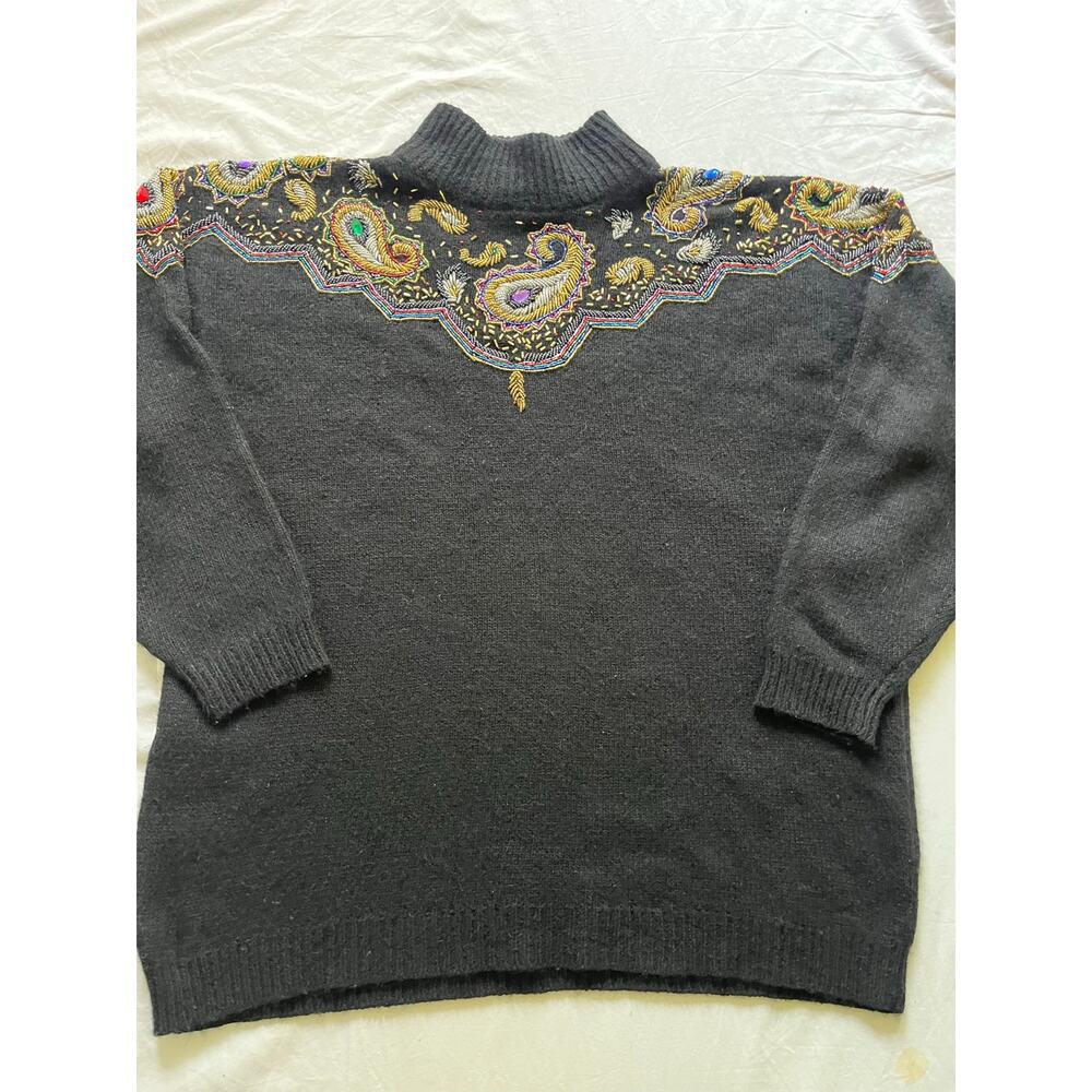 Vintage 80s The Limited Beaded Paisley Mock Neck Sweater Silk Angora Blend XL